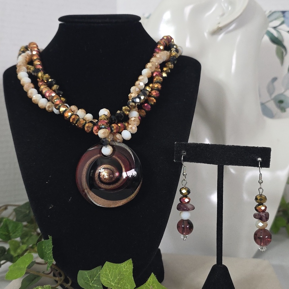 Artisan Crystal Faceted Bead Necklace with Art Glass Pendant and Earrings Set